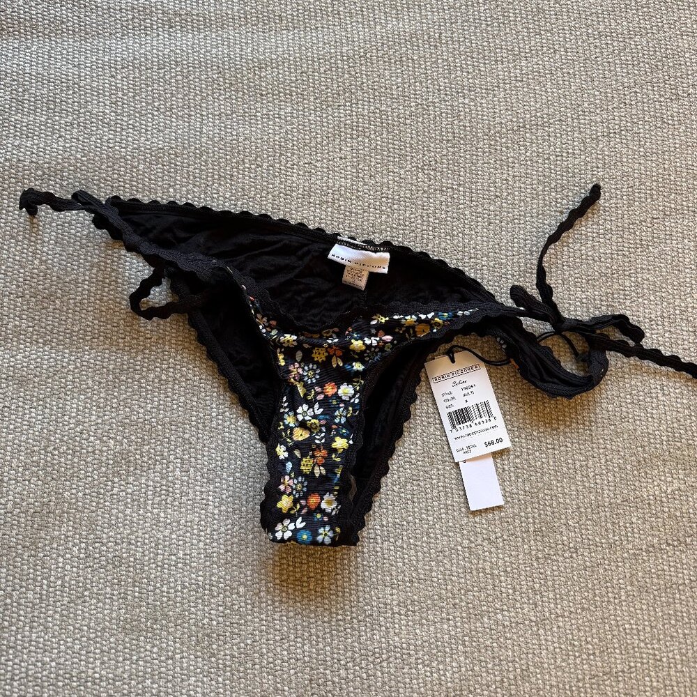 NWT Robin Piccone Tie Side Hipster Bikini Swim Bottom in Black Floral - Size M